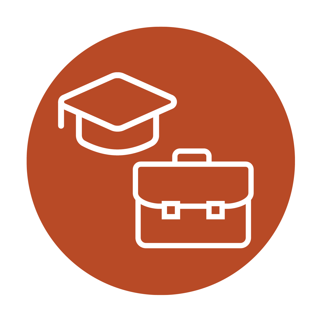 graduation cap and briefcase on a rust coloured circle