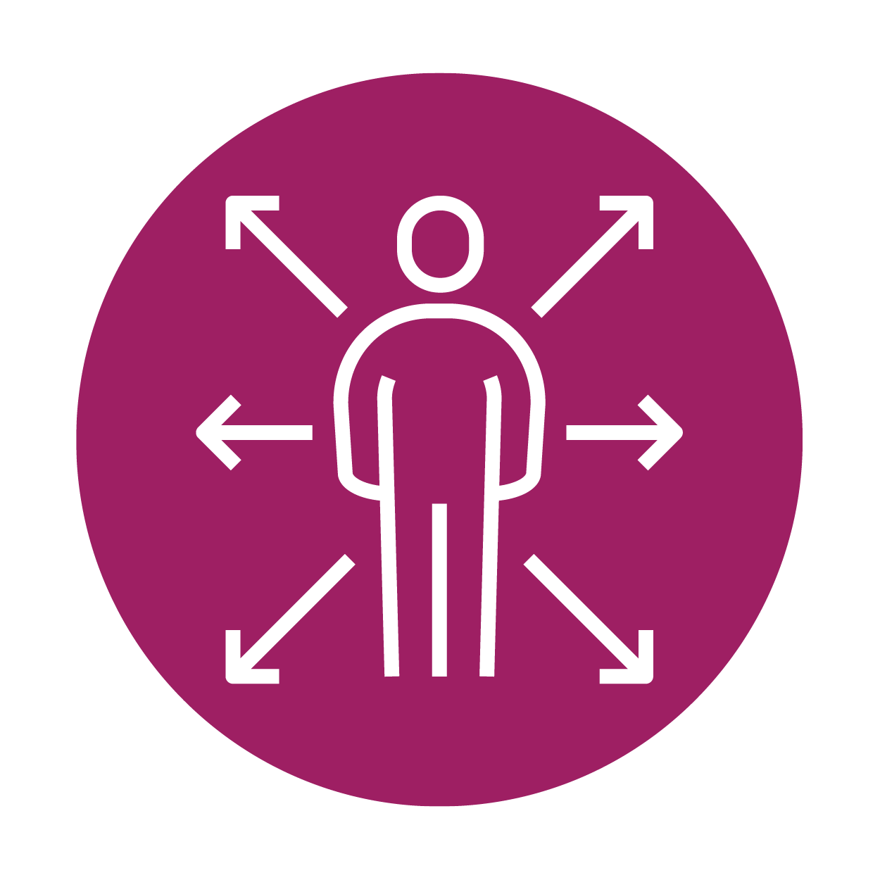 person with arrows extending from them on a red circle