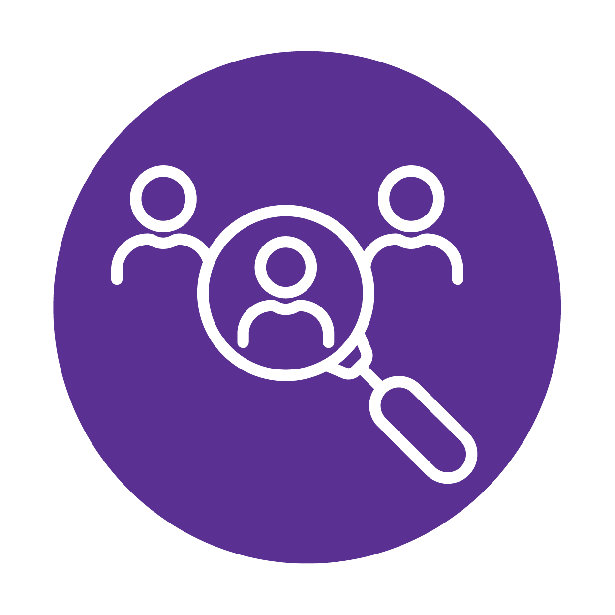 3 people, one in a magnifying glass on a purple circle