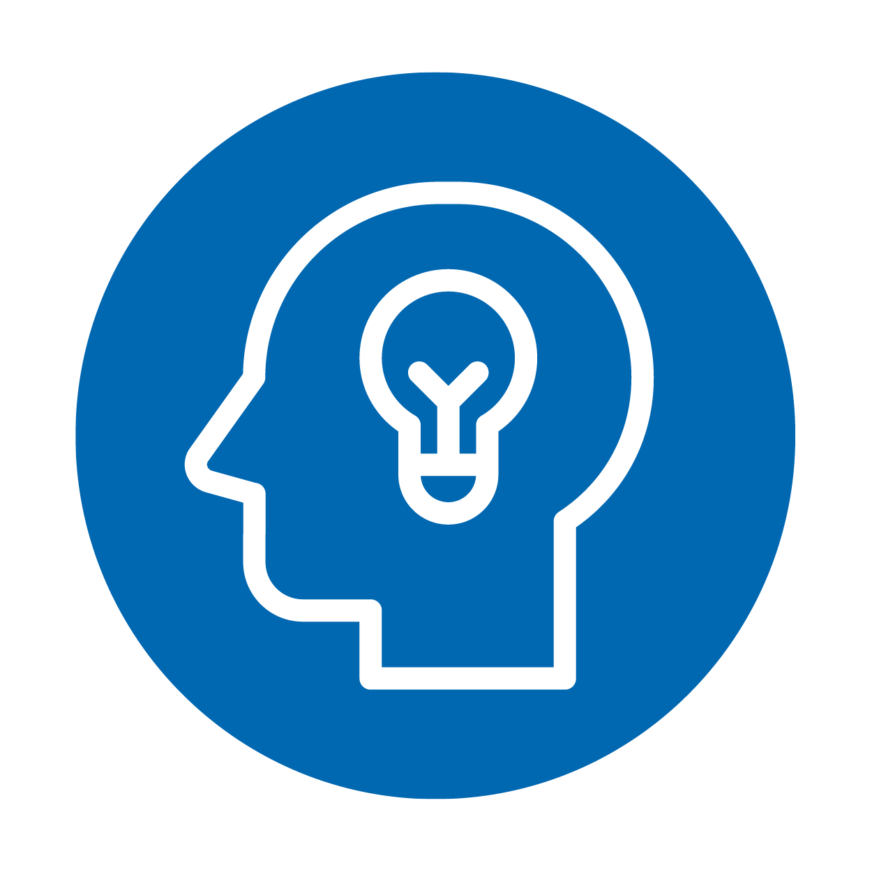 head with a lightbulb inside on a blue circle